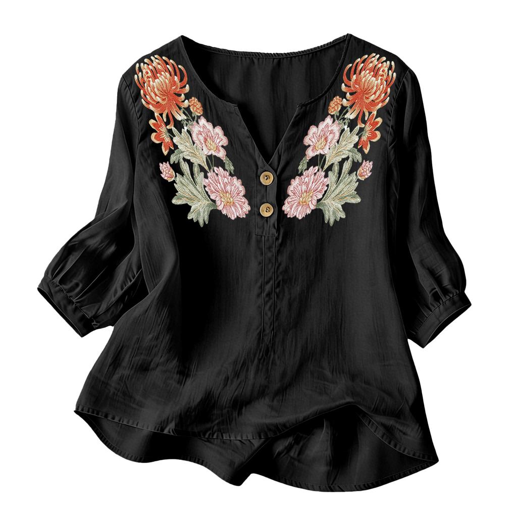 Damen Blumenstickerei Henley-Kragen Knopfleiste Hemd Dreiviertelarm Baumwolle Leinen Oberteil Lässige Bluse