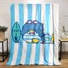 Blue and white vertical stripes with cartoon characters holding surfboards. for all seasons blanket lunch break throw gift