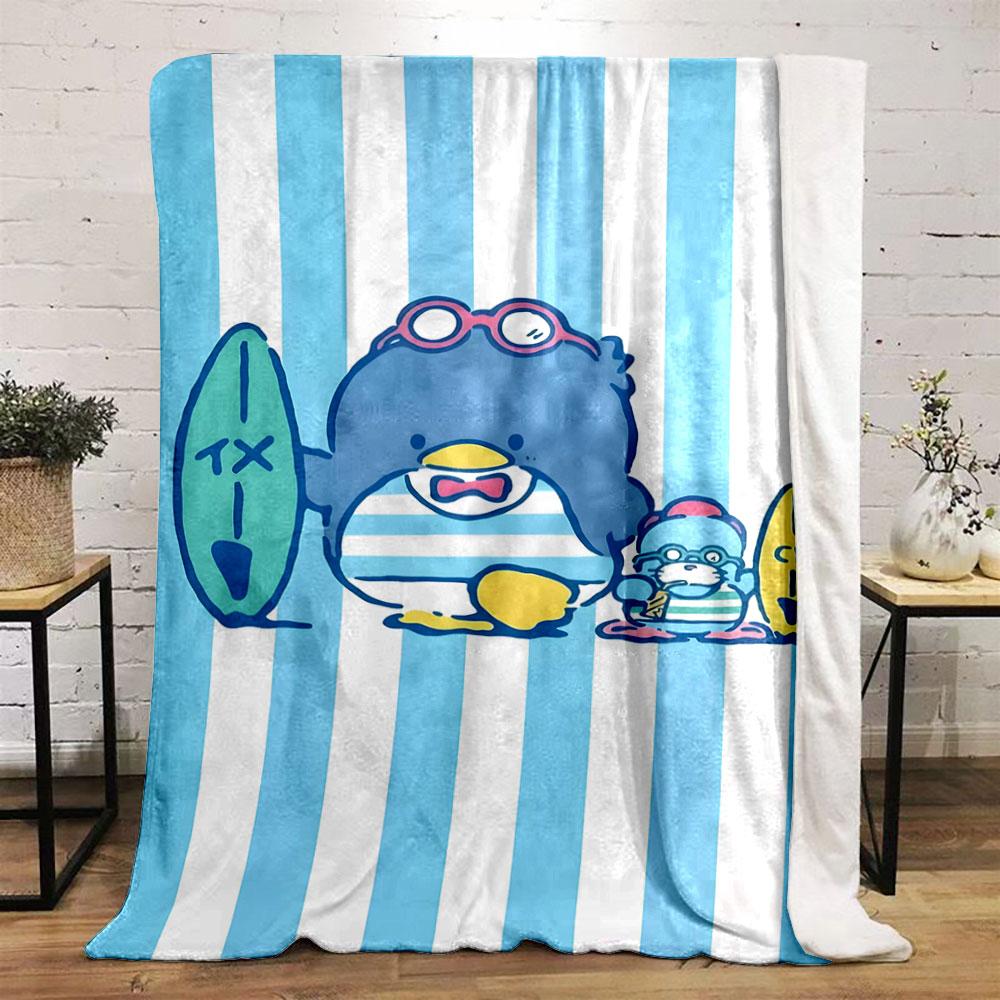 Blue and white vertical stripes with cartoon characters holding surfboards. for all seasons blanket lunch break throw gift