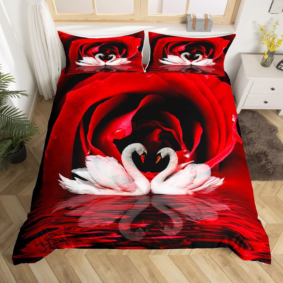 

Red Rose Bedding Set White Swan Duvet Cover Queen Wild Animal Romantic Flower Comforter Cover for Girls Woman Lady Wedding Decor EU Single(135x200cm)