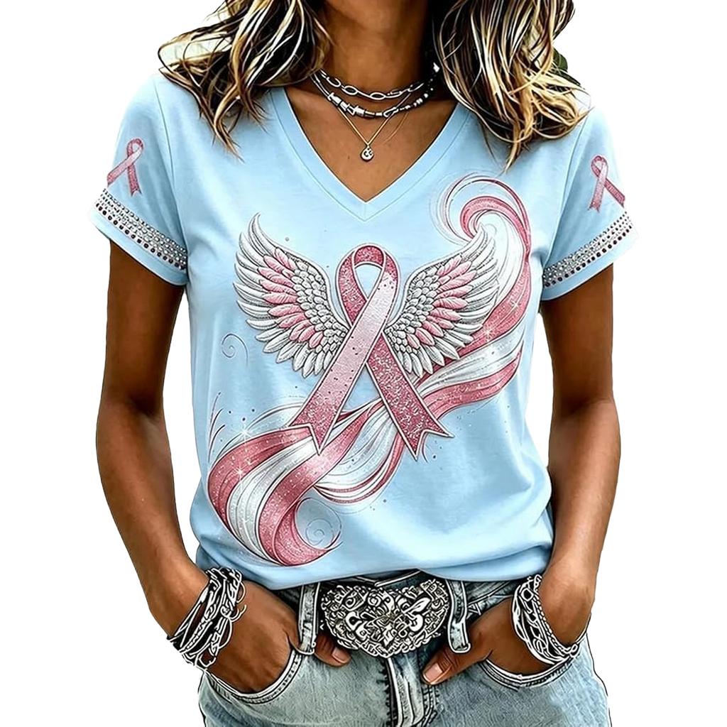 Women's Casual V-Neck Short Sleeve Printed Pullover T-Shirt for Everyday Wear