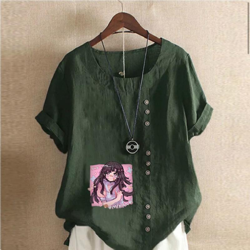 Women's Fashion Round Neck Short Sleeve T-shirt Casual Cotton Linen Graphic Shirt Leisure Loose Pink Girl Prined Summer Blouse Tops
