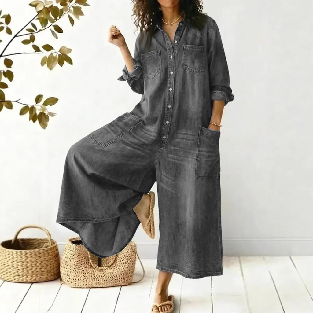 Fashionable Women's Spring And Fashion Sexy Single Breasted Shirt Loose Jumpsuit
