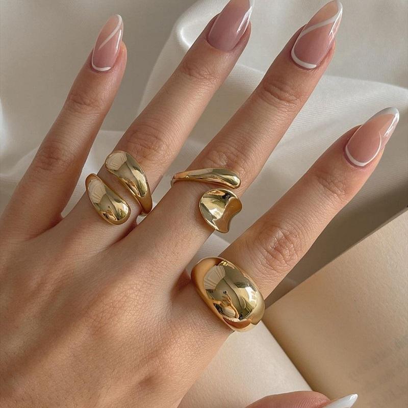 3Pcs/Set Vintage Gold Color Water Drop Rings for Women Fashion Creative Metal Smooth Geometric Adjustable Open Ring Zircon