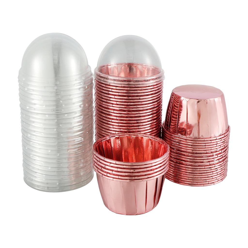 50Pc Foil Cupcake Liners with Lids Heat Resistant 5.5oz Aluminum Cake Cups Round Foil Baking Cups Kitchen Wedding Party Supplies