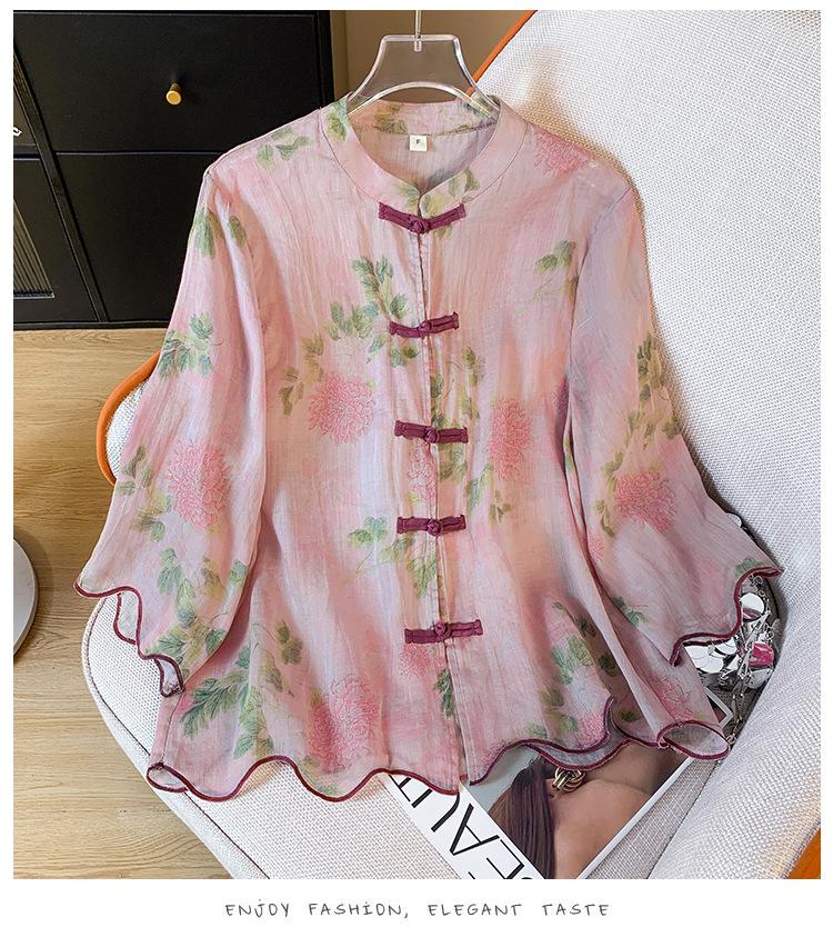 Retro printed cotton and linen shirt women's summer new medium round neck disc button seven-quarter sleeve zen cardigan top