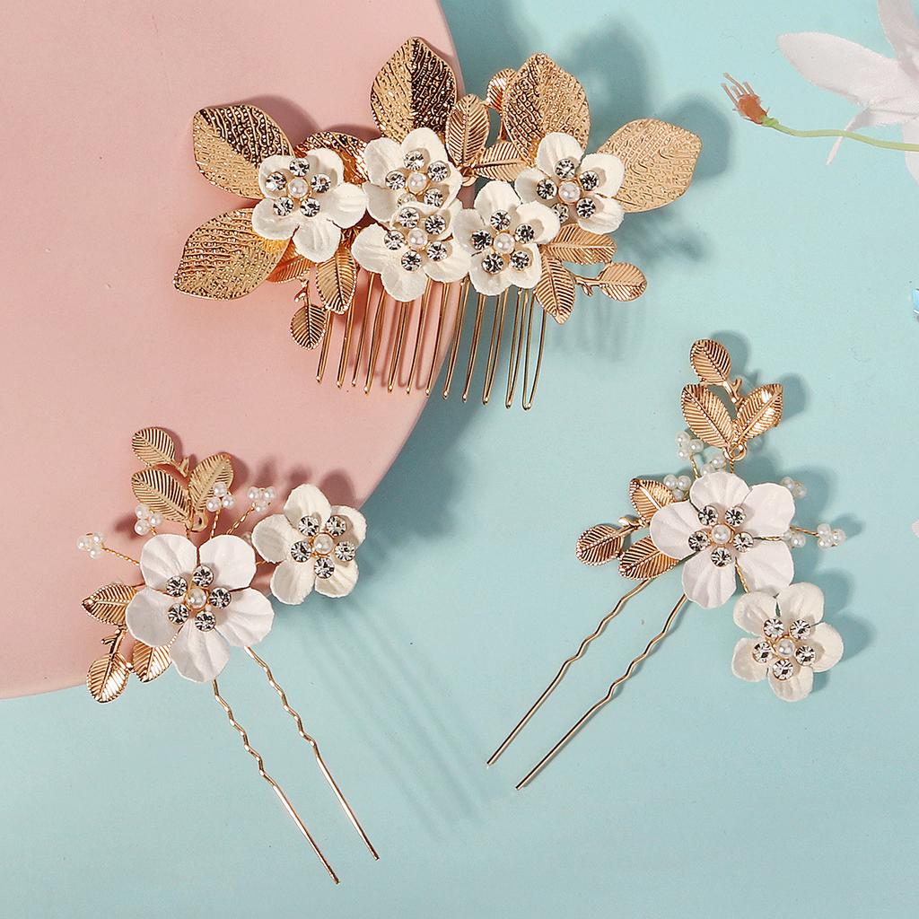 Retro Leaf Flower Hair Comb Hairpin Set Bride Wedding Headdress Handmade Hair Accessories Hairpin Comb