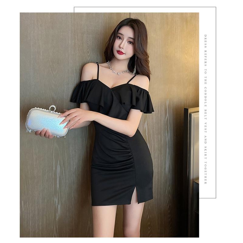 

Night show women s clothing sexy low-cut suspender backless pleated dress tight and thin skirt design niche short skirt S чёрный