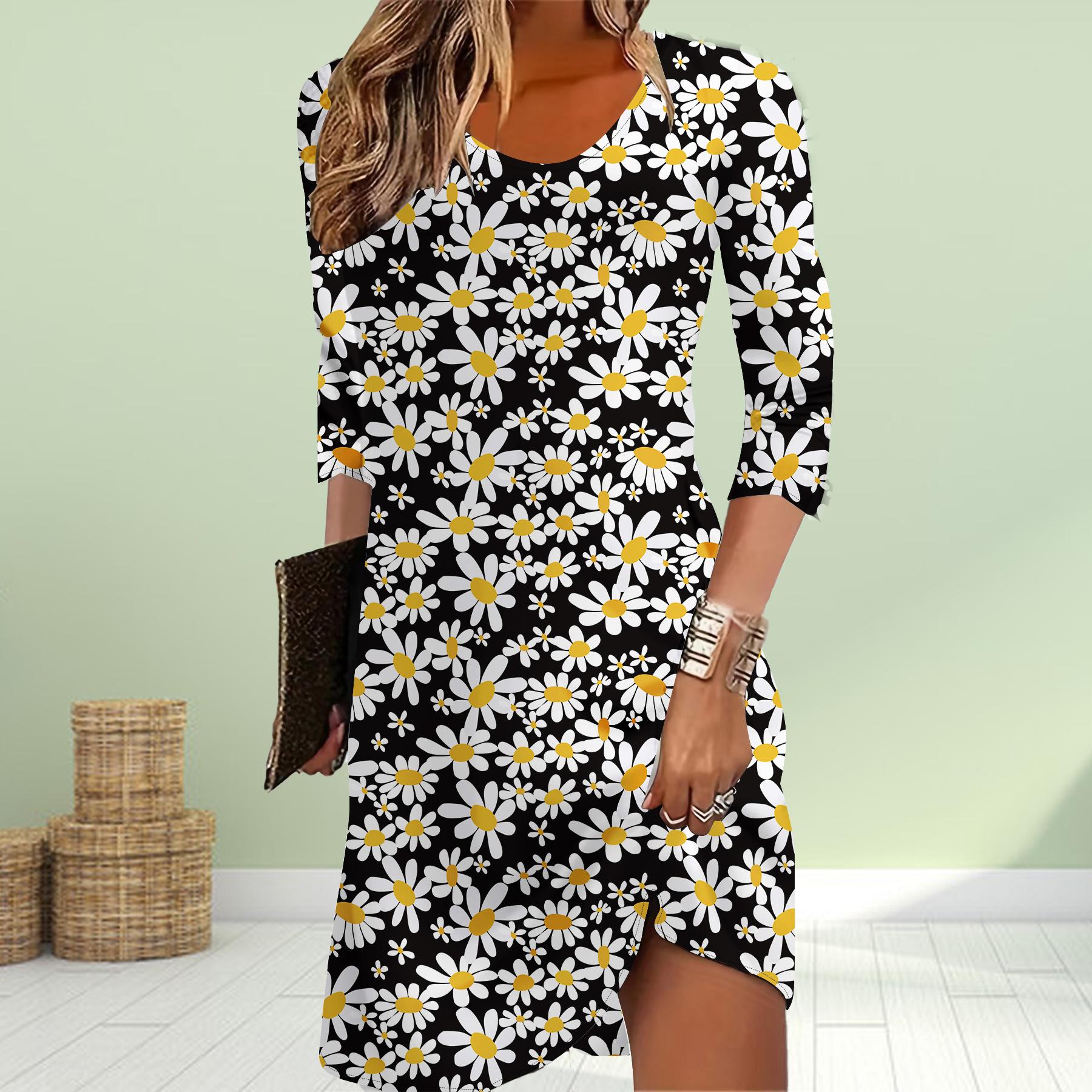 

Женское повседневное платье с осенним принтом в виде желтых цветов Платья для женщин с круглым вырезом и коротким рукавом Платье больших размеров 5XL чёрный