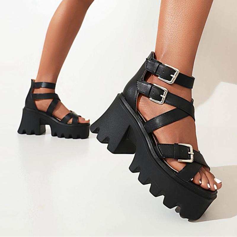 Sexy Platform Women's Sandals Summer Shoes 2025 Punk High Heels Buckle Strap Slippers Black White Party Dance Shoes Female