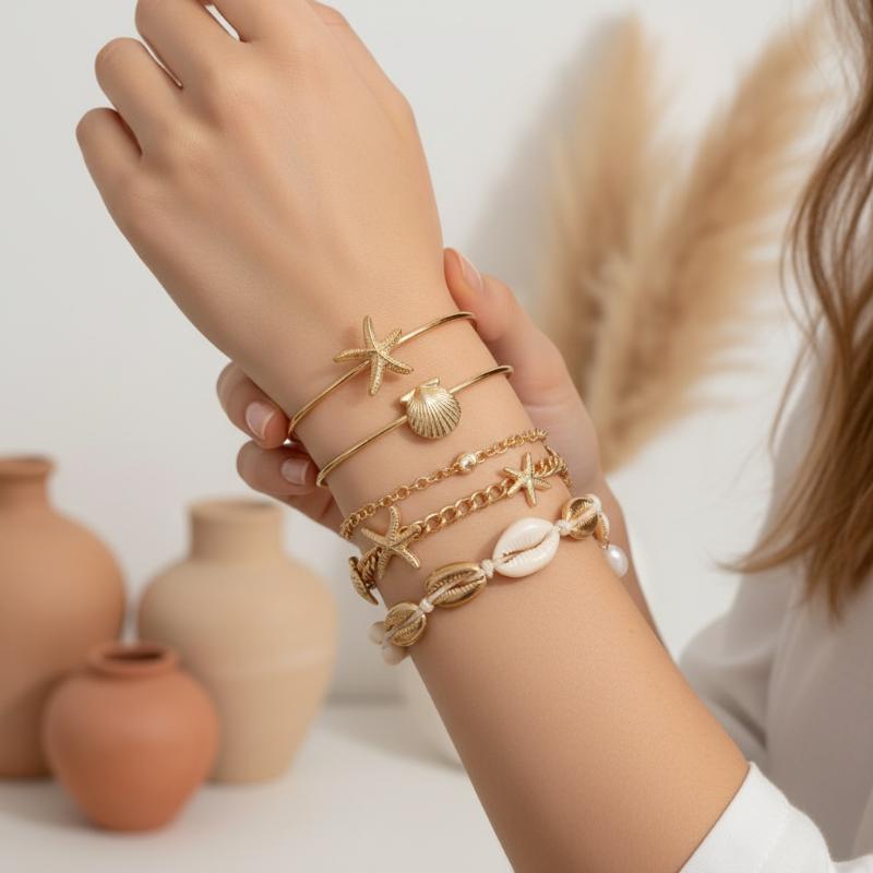 Starfish Open Bangles Set for Women 5Pcs Summer Beach Fashion Gift
