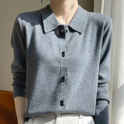 Spring and Autumn Women's Knitwear POLO Collar Single Row Double Button Classic Solid Color Long Sleeve Knit Sweater