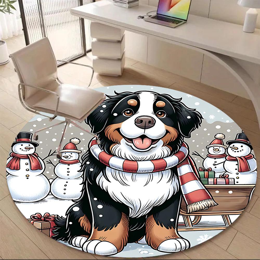 1PC Winter Snow Dog Office Round Area Rug, Mat Suitable For Office, Under Office Chairs Bedroom Living Room Home Decor, Room Deco