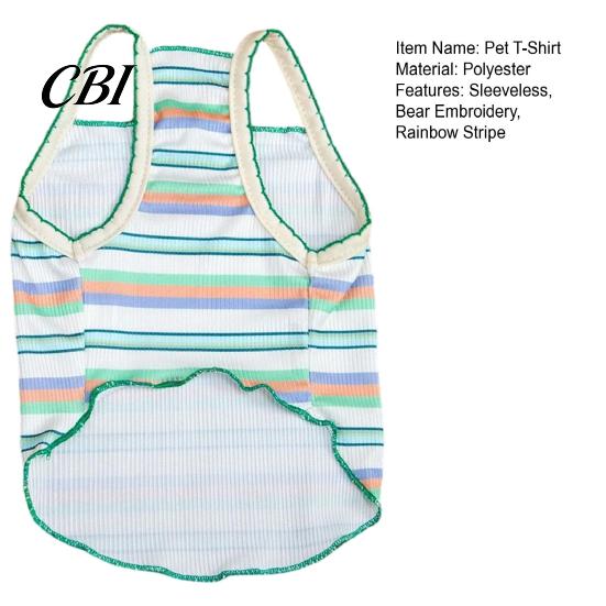 Soft Fabric Dog Tee Colorful Striped Pet T-Shirt, Sleeveless Thin Straps Breathable Apparel Tank Top with Cute Bear Embroidery for Small Dogs