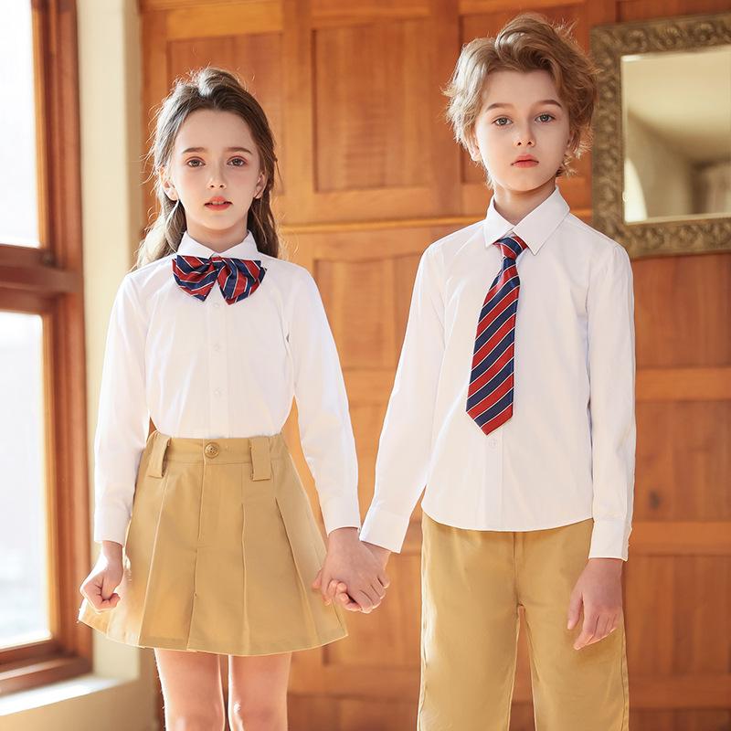 Boy White Shirt Children Blue Students School Uniform Performance Clothes Long Sleeve Girls White Tshirt