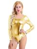 Women Adult Shiny Patent Leather Long Sleeves One-piece Leotard Bodycon Bodysuit Dancewear