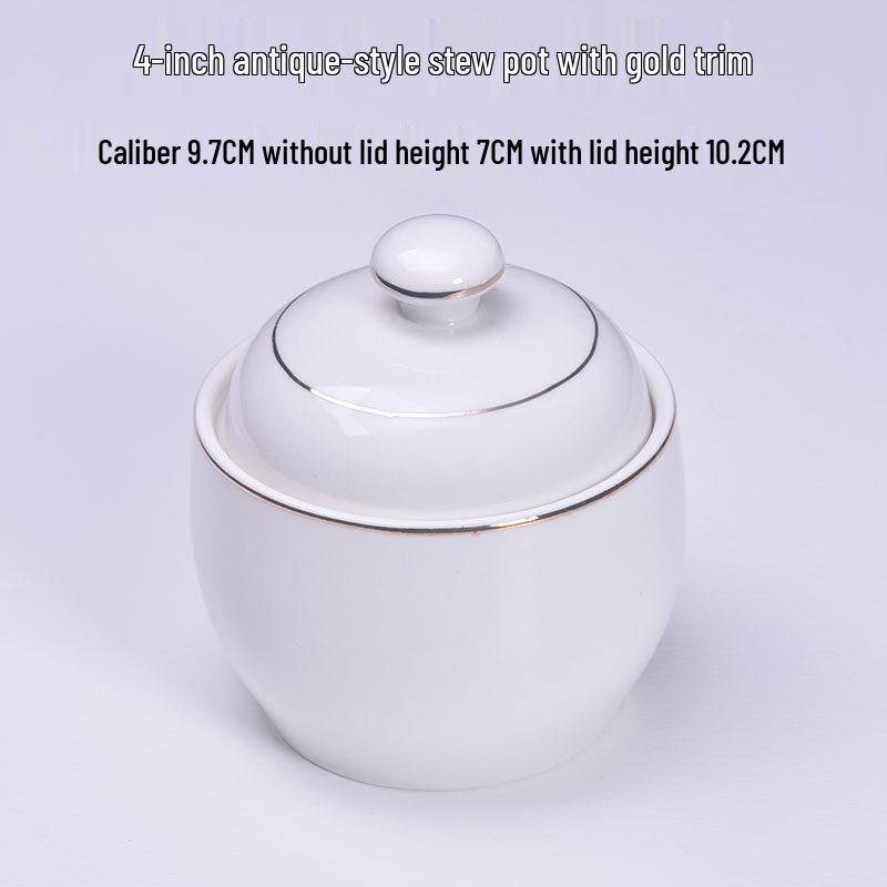 Gold-Trimmed Ceramic Water-Bath Stew Pot with Lid - Includes Egg Steaming and Bird's Nest Bowls, Round Soup Cooker for Home or Hotel Use.