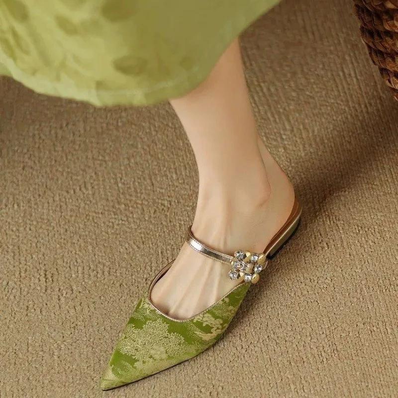 Woman Loafers Female Slippers Thin Heels Flock Luxury Slides Cover Toe Med New Designer Flat Fabric Fashion Elegant