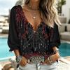 Women's Casual V-Neck Print Blouse with Tie Front and Three-Quarter Ruffle Sleeves