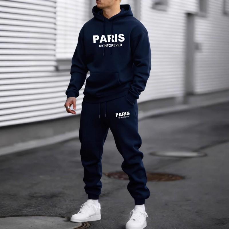 Mens Casual Hoodie Jogger Set With Letter Print Warm Fleece-Lined 2-Piece Outfit
