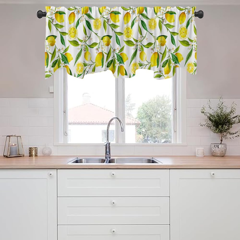 Nature Exotic Lemon Tree Branches Treatment Valance Watercolor Plant Fruit Art Window Valance with Rod Pocket for Kitchen Dining Room Window