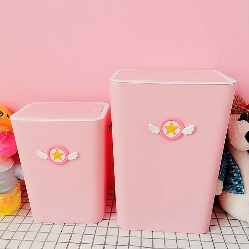 Cartoon Card Captor Sakura Pink Plastic Waste Bin With Lid Kitchen Household Cute Large Ashbin Bucket Creative Pressed Trash Can