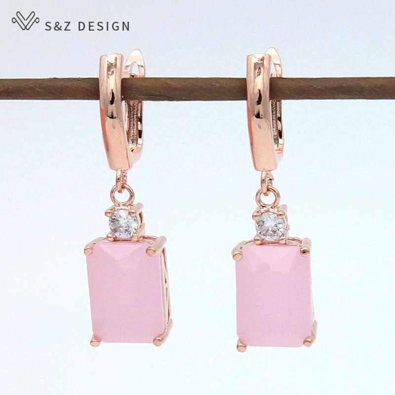 Fashion Pink Rectangle Cubic Zirconia Drop Earrings For Womenn Wedding Party Jewelry Rose Gold Color Eardrop