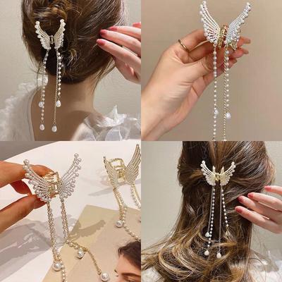 New Butterfly Pearl Tassel Hairpin Women Korean Elegant Metal Chain Side Clip Shark Hairpin Headwear Hair Accessories