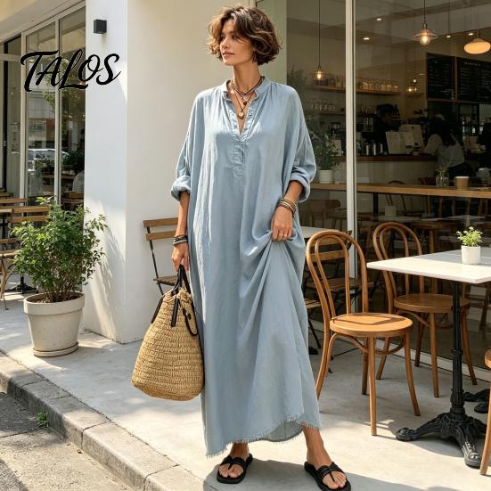 Beach Dress for Women Summer Maxi Women, V-Neck Casual Oversized Boho Long Elegant Dress, Sleeve Button Up Vacation Sundress with Pockets Lightweight