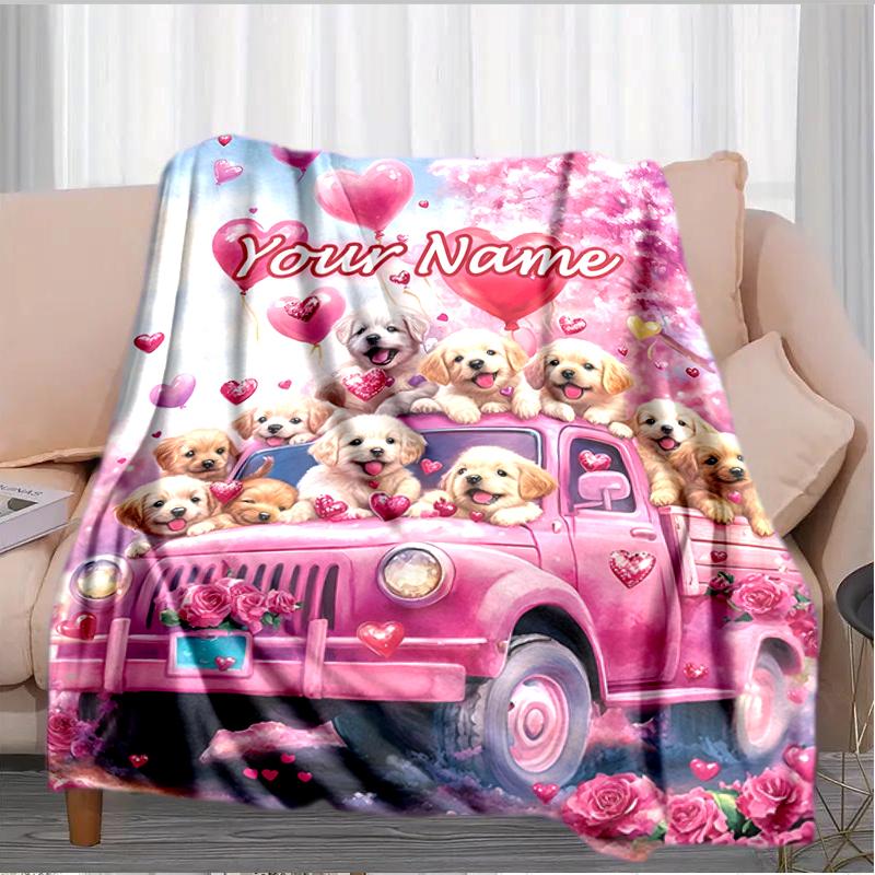 1PC Custom Name Pink Truck Puppies Love flannel blanket versatile,all-season throw suitable for the living room,bedroom,camping,travel,and gift