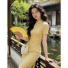 Cheongsam Dress New Chinese Print French Temperament Yellow Dress Large Size Fat Mm Engagement Daily Thin