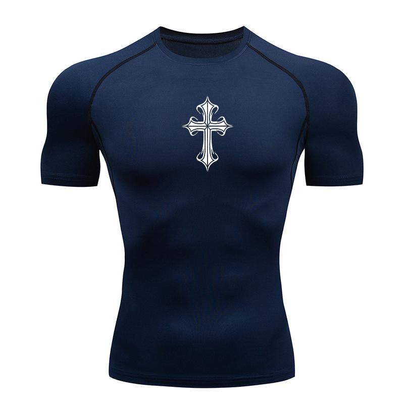 Cross Print Compression Shirts for Men Athletic Quick Dry Tshirt Tees Tops Gym Workout Running Rash Guard Baselayers Undershirts