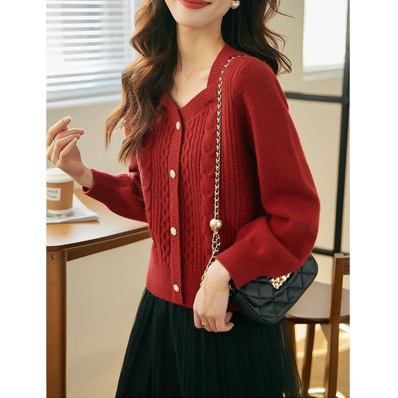 Chinese Style Winter New Vintage Red Sweater Square Collar Soft Sticky Loose Knit Warm Single-breasted Long Sleeve Pullover Tops