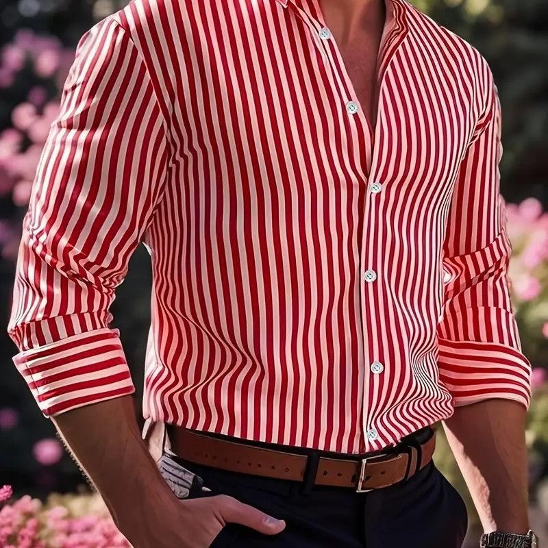 Mens Fashion Striped 3d Digital Print Long Sleeve Casual Shirt S