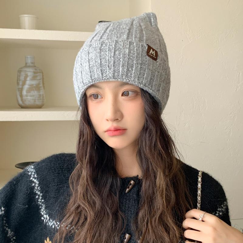 Sweet and Cute Cat Ear Knitted Wool Hat for Women In Autumn and Winter Versatile Big Head Surround Brim Hat Casual Warm Hat Trendy