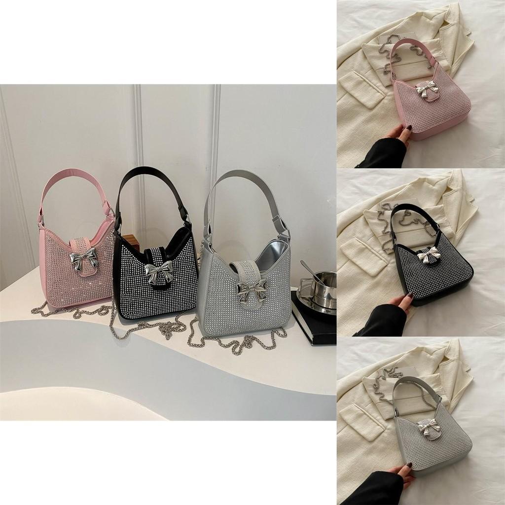 Stylish Street Trend Small Tote Bag With Rhinestone Butterfly Bow Pu Material