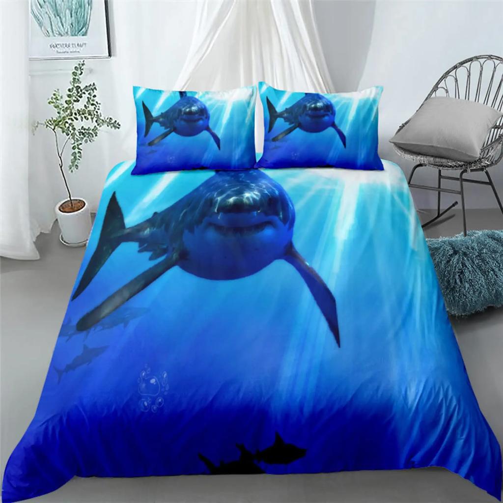 Shark Duvet Cover Ocean Watercolor Fish Quilt Cover Sea Animal Marineland Theme Decoration Bedding For Children Boys Girls Gifts