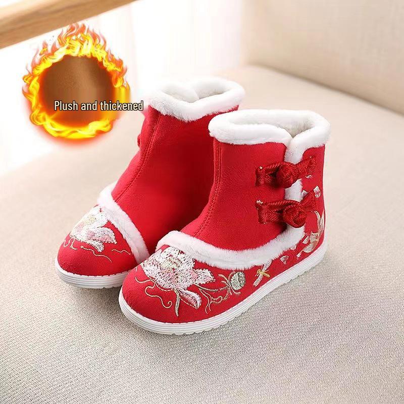 Girls' Winter Hanfu Shoes: Velvet-Lined Embroidered Cotton Boots with Non-Slip Soft Sole