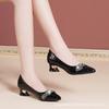 Patent leather rhinestone thick heel single shoes women's medium heel versatile mother shoes pointed large size shoes