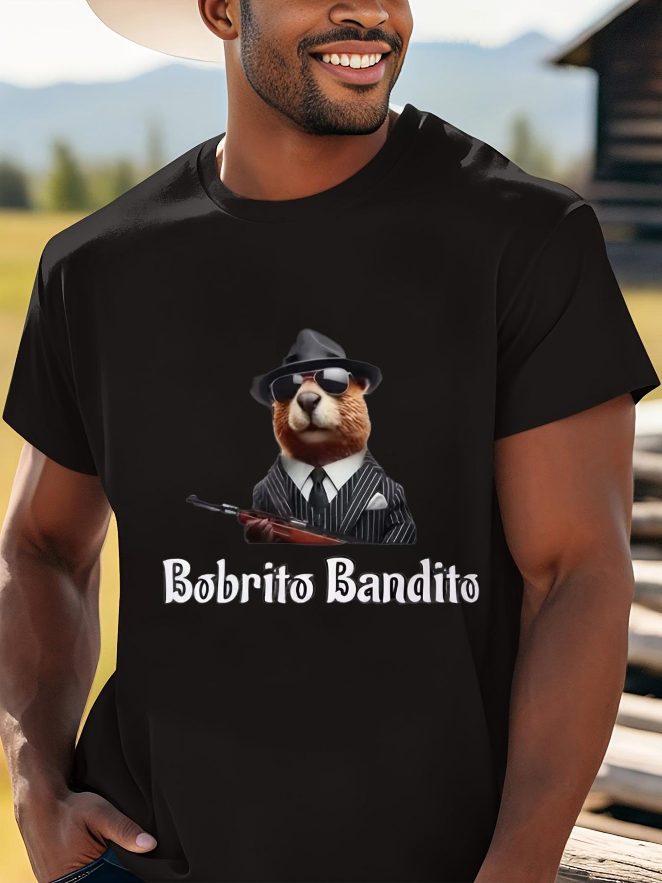 Bobrito Bandito Y2K Graphic Tee - Black Casual Short Sleeve Shirt Featuring a Fun Cartoon Character And BOBTRIO BANDITO Text XS