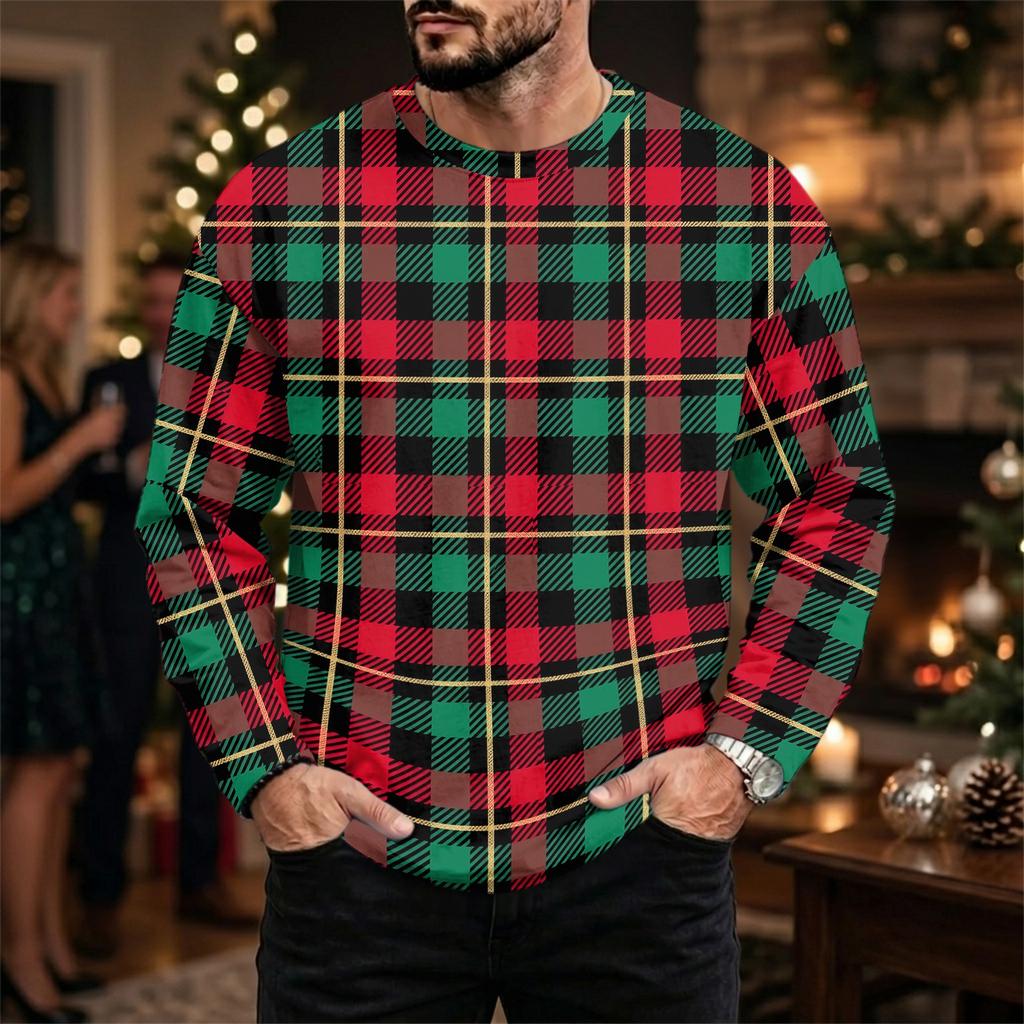 Men's Casual Loose Fit Neck Long Sleeve Top with Christmas Print, Winter Base Layer