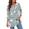 Damen Lässiger V-Ausschnitt 3/4 Ärmel Pullover Tunika Oberteil Blumenmuster Mittellange Bluse Leichte Bequeme Passform