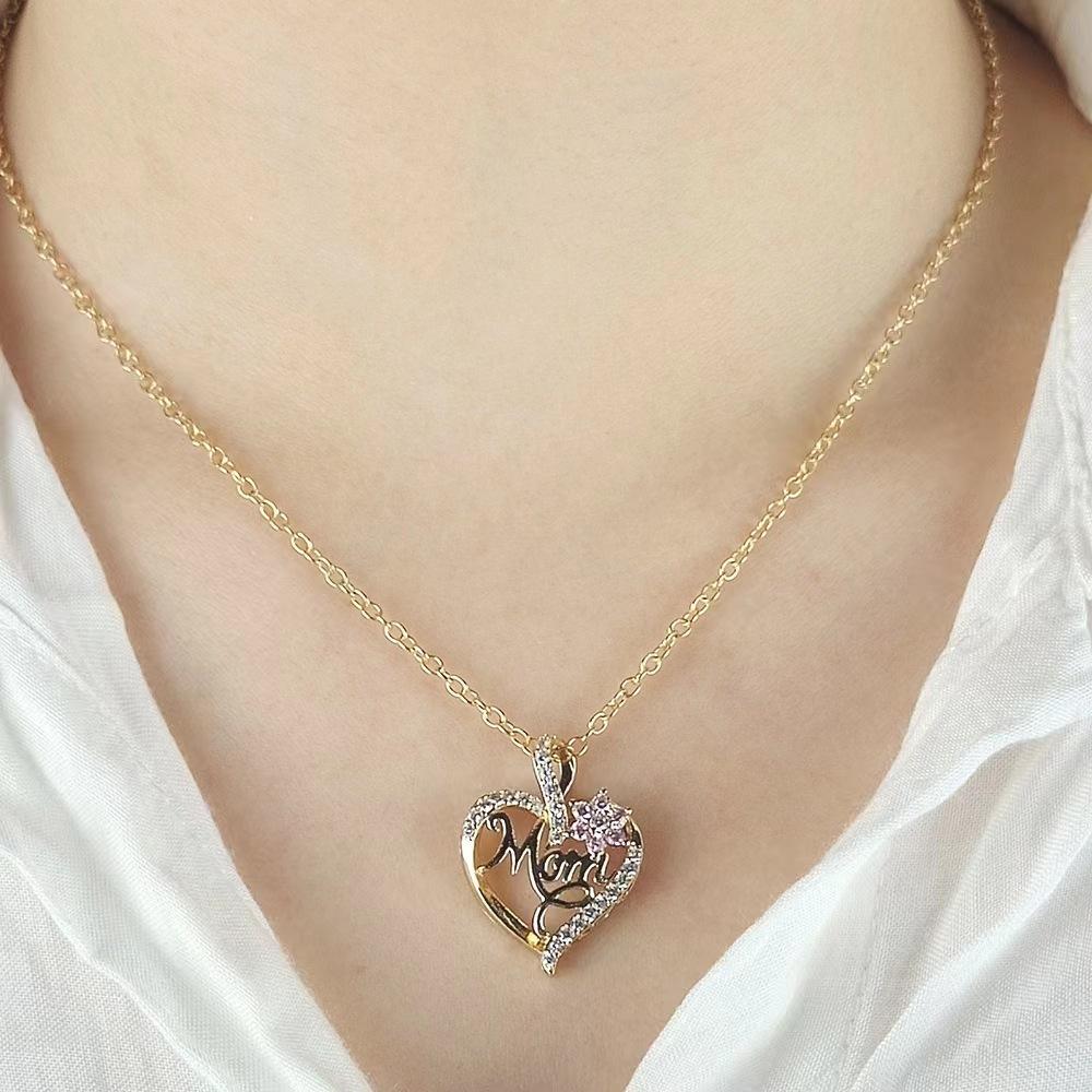 Gold-Plated Mom Heart Necklace with Cubic Zirconia - Dainty Valentine's Day Gift for Women Fashion Jewelry