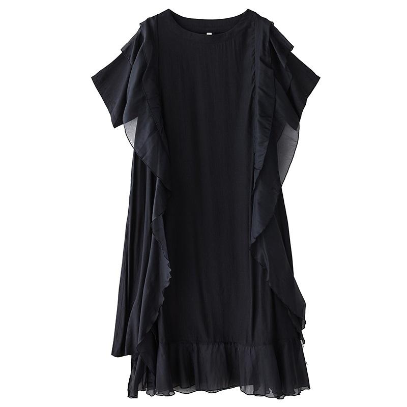 Rochie neagră vintage cu mânecă scurtă, mărimi mari, nouă, pentru femei, casual, largă, lungă, de vară