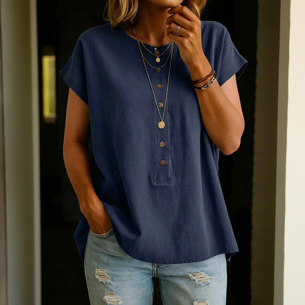Women's Short-sleeved Plain-colored Button-up Blouse