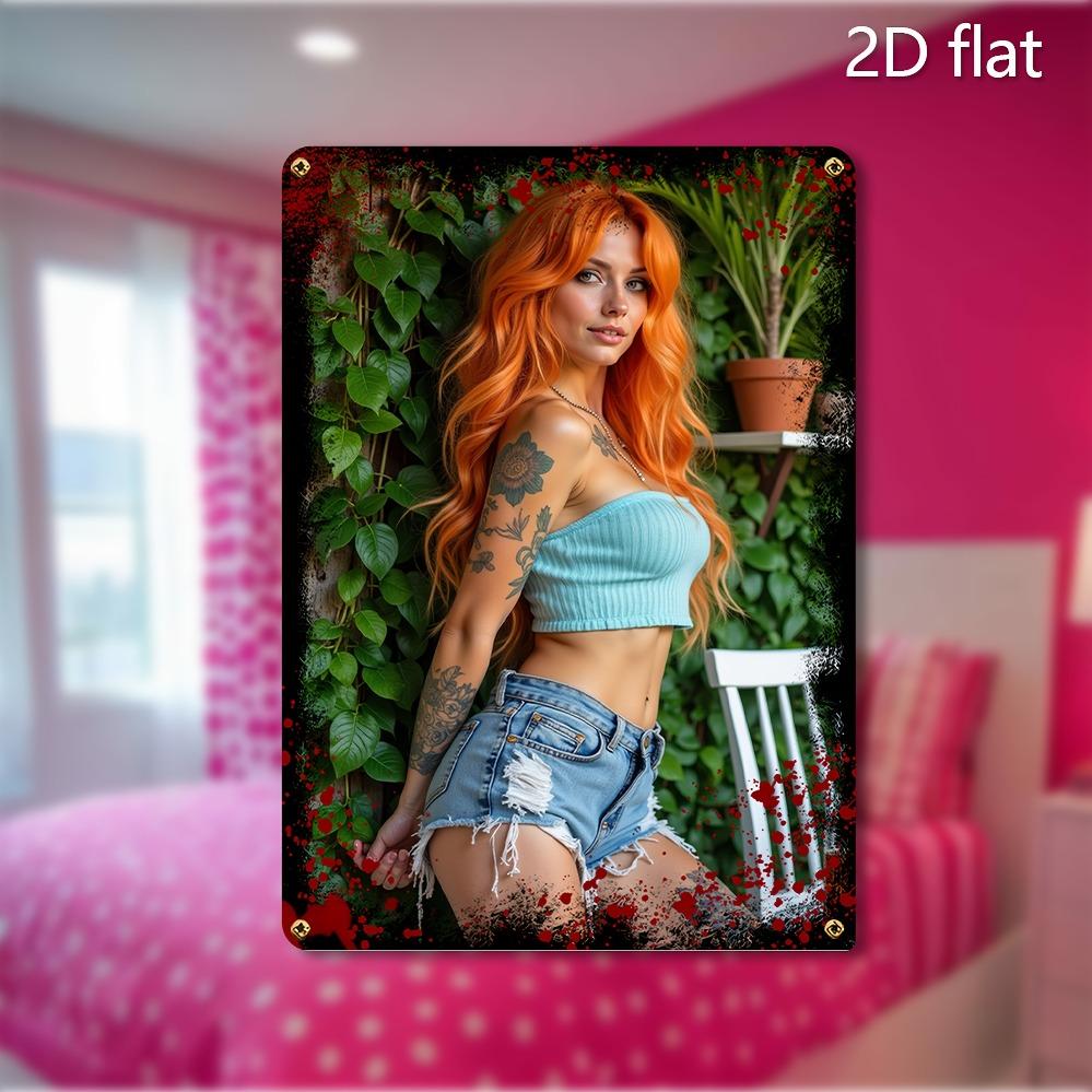 

2D Red Dress Lady Wall Art Fashion Aluminum Decor with Plant Green, Pre-Drilled Holes Easy Hanging for Home Office 20x30cm