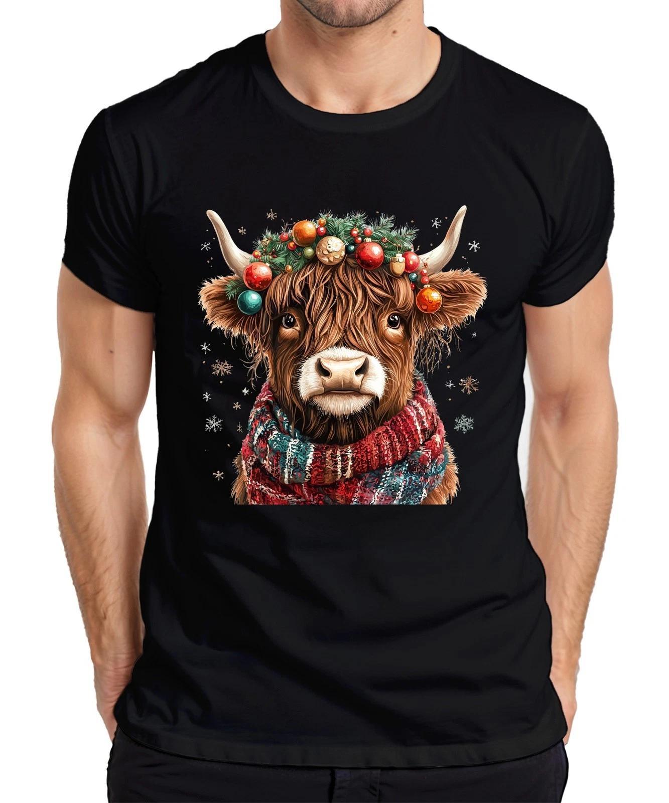 Highland Kuh Weihnachtskranz Schal Schneeflocken süß Retro Herren T-Shirt XS