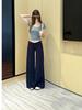 Women's Navy Blue Side Zipper Wide-Leg Low-Waist Yoga Sweatpants, Floor-Length Slim Fit Casual Autumn Pants