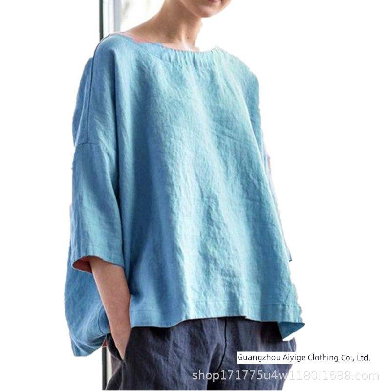 round-Neck Solid-Color Top round Neck Loose All-Match Artistic Plus size Solid Half Sleeve Top Women