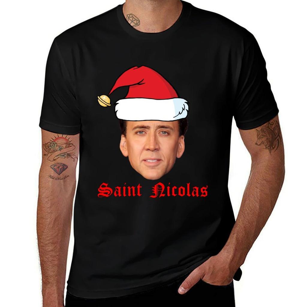 Saint Nicolas Cage Christmas Card Tshirt Utility Casual Work Tshirt